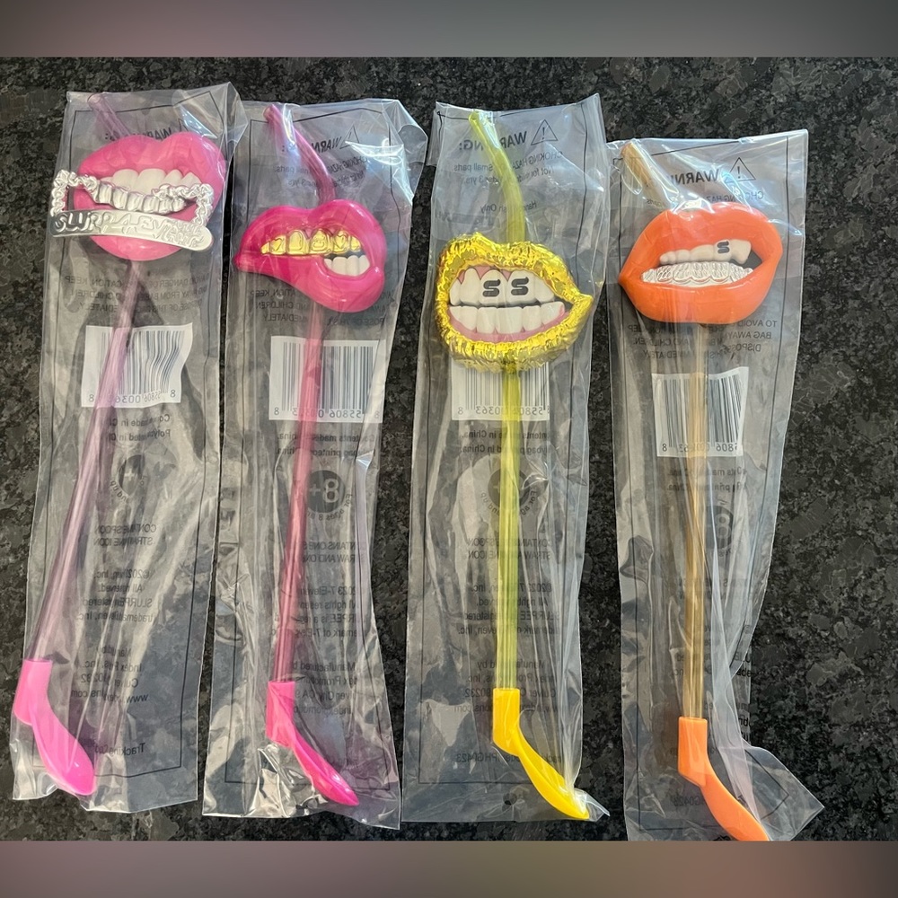 7 Eleven 7-11 Slurpee Straw Mouth Pop Grills Teeth Lot of  4, Orange, Gold, Pink